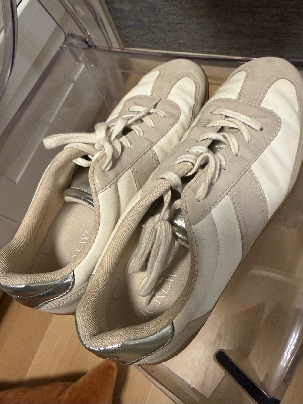 J. Crew Leather & Suede Lace-Up Sneakers in Cream and Taupe